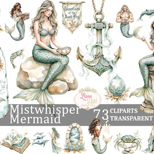 Ensemble de 73 cliparts sirène murmure brume - sirènes aquarelles, coquillages, graphiques océan pour art numérique, agendas, scrapbooking, PNG transparent
