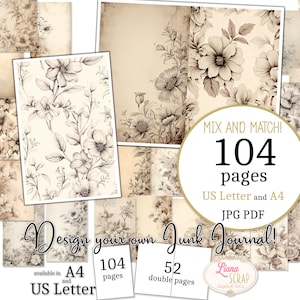Diario basura - Contorno de flores - Tamaño carta de EE. UU. y A4, páginas de mezcla y combinación, papel digital de flores en PDF y JPG imprimibles, Botánico