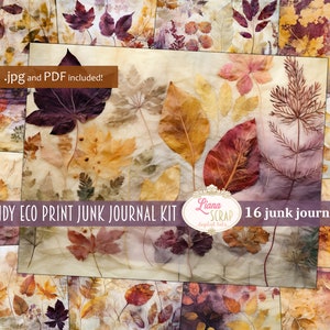 Borgonha Eco Print Background, Digital Junk Journal, Colagem de folhas para impressão, Digital Junk Journal, Nature Journal Paper, fundo de folha