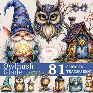 Puede incluir: Conjunto de im&aacute;genes predise&ntilde;adas digitales con ilustraciones de gnomos, b&uacute;hos y una casa de hadas. La imagen incluye el texto "Owlhush Glade" y "81 Cliparts Transparent PNG". La paleta de colores incluye azules, verdes y marrones.