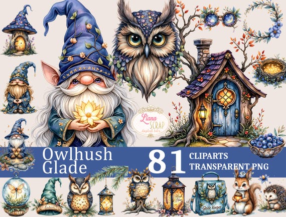 Watercolor Gnomes Clipart Set – Fairies, Owls, Forest Animals (PNG Digital Download)