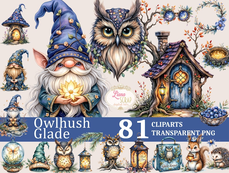 Puede incluir: Conjunto de im&aacute;genes predise&ntilde;adas digitales con ilustraciones de gnomos, b&uacute;hos y una casa de hadas. La imagen incluye el texto "Owlhush Glade" y "81 Cliparts Transparent PNG". La paleta de colores incluye azules, verdes y marrones.