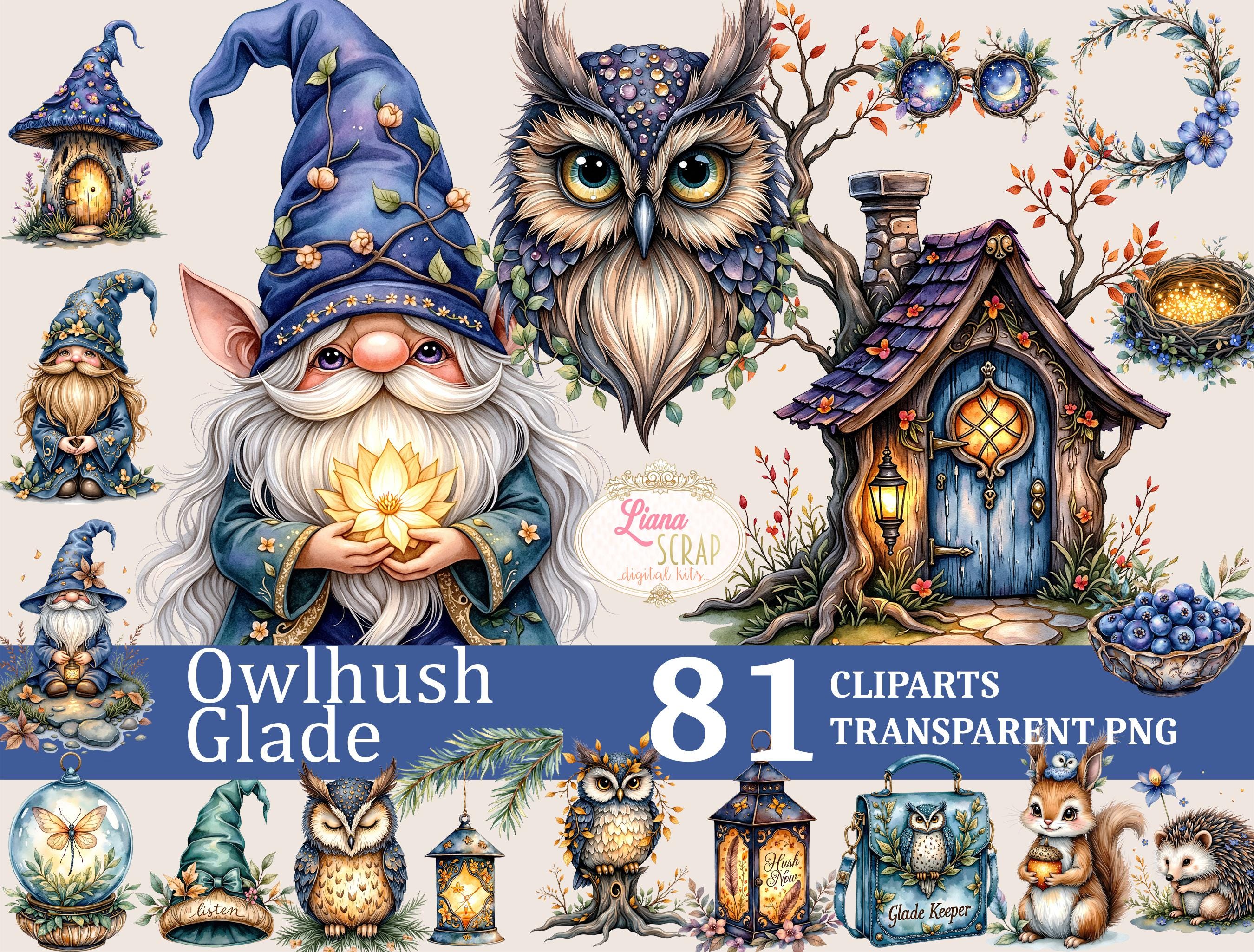 Watercolor Gnomes Clipart Set – Fairies, Owls, Forest Animals (PNG Digital Download)