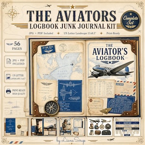 Pode incluir: Um kit de diário criativo digital intitulado The Aviators Logbook Junk Journal Kit, com 56 páginas em formato paisagem US Letter de 27,9 x 21,6 cm. O kit inclui gráficos de aviação vintage, mapas, registos de voo e uma bússola.