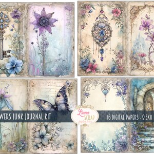 May include: A digital paper pack with 16 papers featuring a whimsical fairy garden theme. The papers feature illustrations of flowers, butterflies, keys, and a castle. The papers are 8.5 inches by 11 inches.