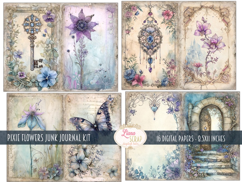 May include: A digital paper pack with 16 papers featuring a whimsical fairy garden theme. The papers feature illustrations of flowers, butterflies, keys, and a castle. The papers are 8.5 inches by 11 inches.