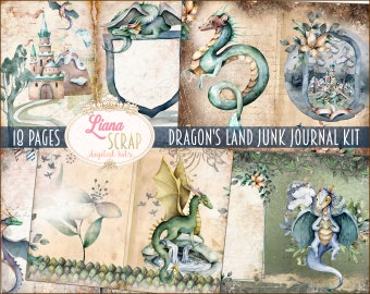 Kit de diario Dragon Junk, hojas de collage de fantasía (descarga digital)