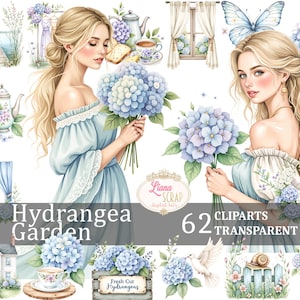 Jardin d'hortensias 62 Clipart numérique Floral PNG Illustrations femmes Cottagecore Scrapbooking Design Elements