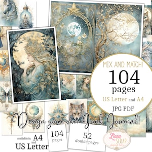 Junk Journal - Moonlight - Tamaño carta de EE. UU. y A4, páginas para mezclar y combinar, papel digital del bosque mágico en PDF y JPG imprimibles
