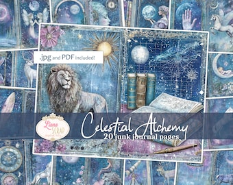 May include: Digital junk journal pages with a celestial theme. The pages feature illustrations of a lion, sun, moon, stars, and books. The text on the pages reads "Celestial Alchemy" and "20 junk journal pages". The color palette includes blues, purples, and gold.