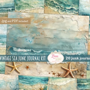 Vintage Sea Junk Journal Paper, fondo digital de verano, diario basura con papel desgastado y costas oceánicas