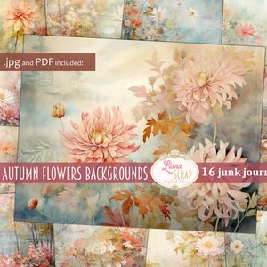 Pink Autumn Flowers Digital Junk Journal Backgrounds, Autumn Background Printable, Nature Digital Junk Journal Paper