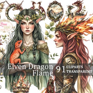 Clipart flamme de dragon elfique - dragons fantastiques, elfes, aquarelle art numérique - 91 images