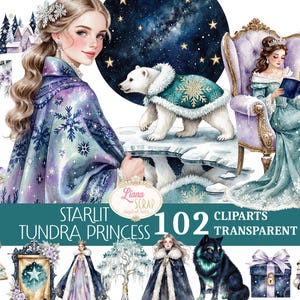 Op de afbeelding: Digitale clipartset met een starlit toendra prinses thema. De illustraties omvatten een prinses, ijsbeer, wolf en andere winterse elementen. Het kleurenpalet omvat blauw, paars en wit, met sneeuwvlok- en stermotieven. De tekst luidt "Starlit Tundra Princess 102 Cliparts Transparent PNG".