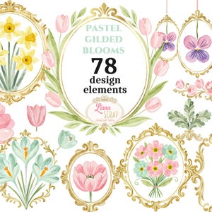 Pastel Gilded Blooms - 78 Watercolor Floral Clipart Set, Gold Frames, Artist Design Elements, Wedding