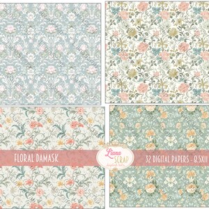 May include: Set of four digital papers featuring floral damask patterns in shades of blue, green, pink, and white. The papers are 9.5 inches by 11 inches.