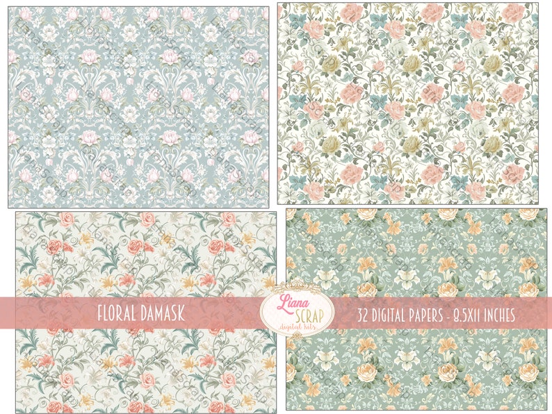 May include: Set of four digital papers featuring floral damask patterns in shades of blue, green, pink, and white. The papers are 9.5 inches by 11 inches.