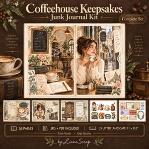 Puede incluir: Un kit de junk journal Coffeehouse Keepsakes que incluye 56 páginas en formatos JPG y PDF. El kit presenta ilustraciones de estilo vintage de escenas de cafeterías, una persona con una taza, menús, flores y etiquetas en 27,9 por 21,6 cm.