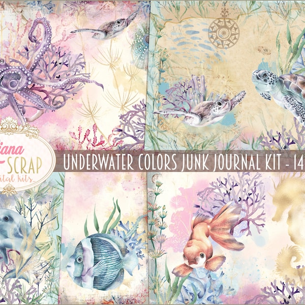 Underwater Colors Junk Journal Kit, Underwater Life Printables, Sea Collage Sheets, Junk Journal Paper