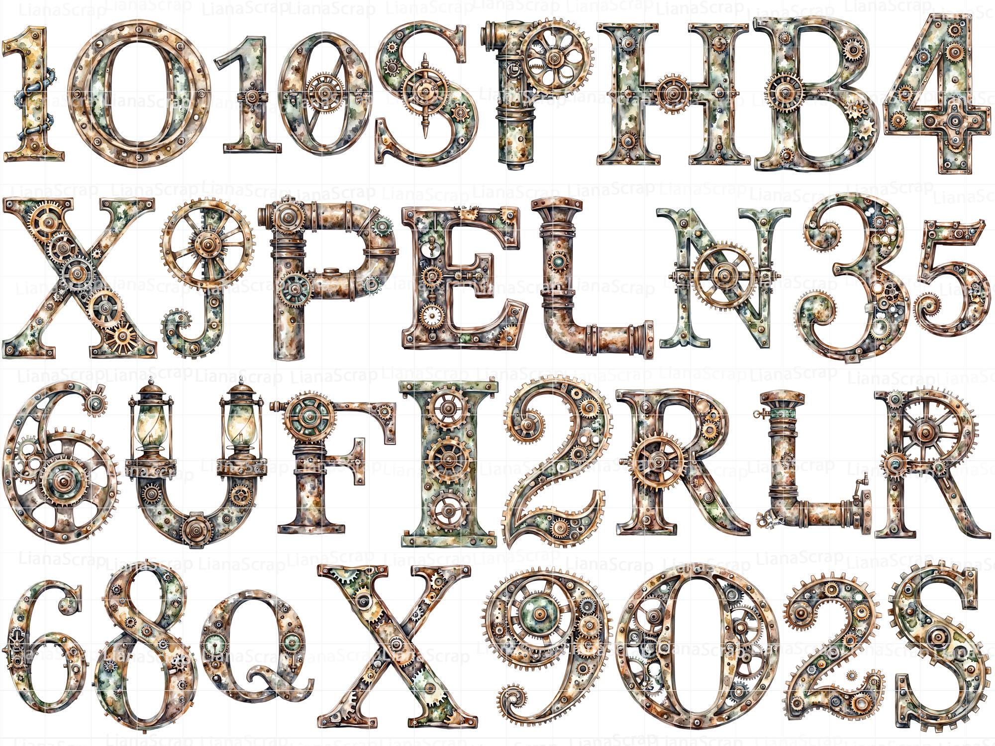 Steampunk Alphabet Clipart Set – Clockwork Gears, Numbers, Letters (PNG ...