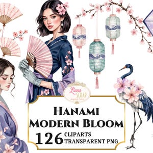 Puede incluir: Ilustración digital en acuarela con temática japonesa. Incluye una mujer con kimono, abanicos, faroles, una grulla y una carpa koi. El texto dice "Hanami Modern Bloom" y "126 Cliparts Transparent PNG".