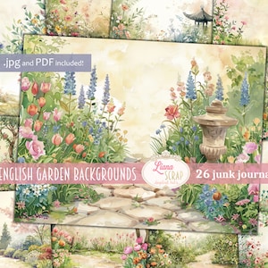 Jardín Inglés, Diario Basura Digital, Collage de Flores Imprimible, Fondo, Papel de Diario de Naturaleza, Jardines con hermosas flores