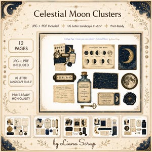 Puede incluir: Una hoja de collage digital titulada "Celestial Moon Clusters" con ilustraciones vintage de objetos celestes, fases lunares y botellas de boticario. Incluye texto: "JPG + PDF Included" y "US Letter Landscape 27,9 x 21,6 cm".