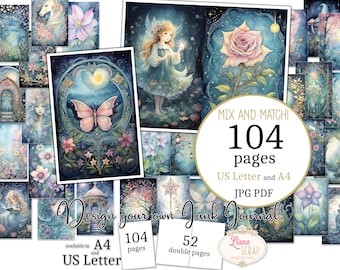 Puede incluir: Un collage de 104 páginas de papel digital con ilustraciones caprichosas de hadas, mariposas, flores y otros elementos mágicos. Las páginas están diseñadas para su uso en diarios de chatarra y están disponibles en los tamaños US Letter y A4. El texto "Mix and Match!" y "Design your own Junk Journal!" está incluido en la imagen.