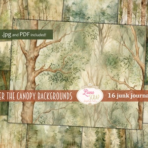 Sotto lo sfondo del diario della spazzatura digitale del baldacchino, collage di alberi stampabile, diario della spazzatura digitale, carta del diario della natura, sfondo della foresta