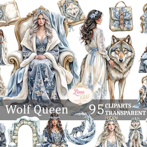 Pacchetto di 95 Clipart di Wolf Queen - Lupi acquerellati, Donne fantasy, PNG trasparenti, Arte digitale, Adesivi per planner, Magia medievale