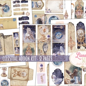 May include: A collection of celestial-themed digital scrapbook elements. The designs feature owls, globes, clocks, and celestial bodies in shades of blue, gold, and beige. The text "Celestial Addon Kit - 8 Pages" is visible.