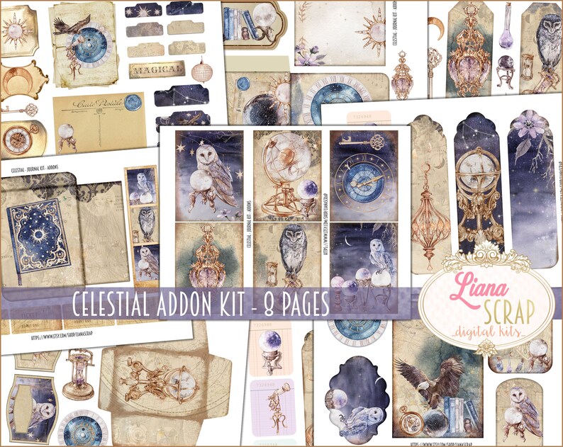 May include: A collection of celestial-themed digital scrapbook elements. The designs feature owls, globes, clocks, and celestial bodies in shades of blue, gold, and beige. The text "Celestial Addon Kit - 8 Pages" is visible.
