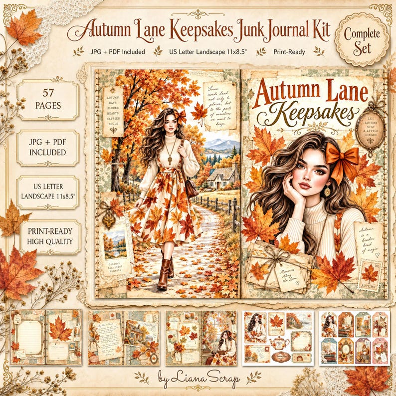 Printable Junk Journal Kit Autumn Lane Keepsakes, 57 Pages, Cozy Fall ...