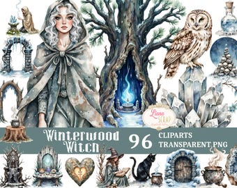 May include: Watercolor clipart set featuring a Winterwood Witch theme. The image includes a woman in a hooded cloak, an owl perched on crystals, and other mystical elements. The text "Winterwood Witch" and "96 Cliparts Transparent PNG" are also visible.