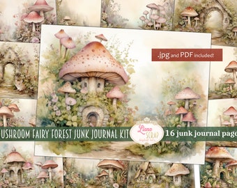May include: A digital collage kit featuring 16 pages of whimsical mushroom houses and fairy forest scenes. The kit includes .jpg and .pdf files. The images are in a watercolour style with soft pink, green, and brown tones.