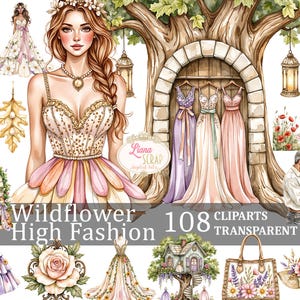 Alta moda con fiori selvatici 108 immagini clipart PNG, illustrazioni di moda, adesivi per pianificatore di carta digitale, elementi di design floreale, acquerello