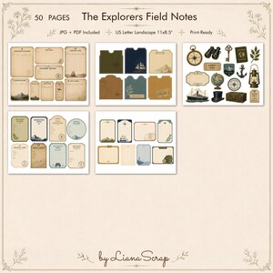 A collection of vintage adventure-themed junk journal elements including aged paper pages, decorative pockets, labels, and ephemera featuring maps, compasses, binoculars, and nautical illustrations in earthy tones.