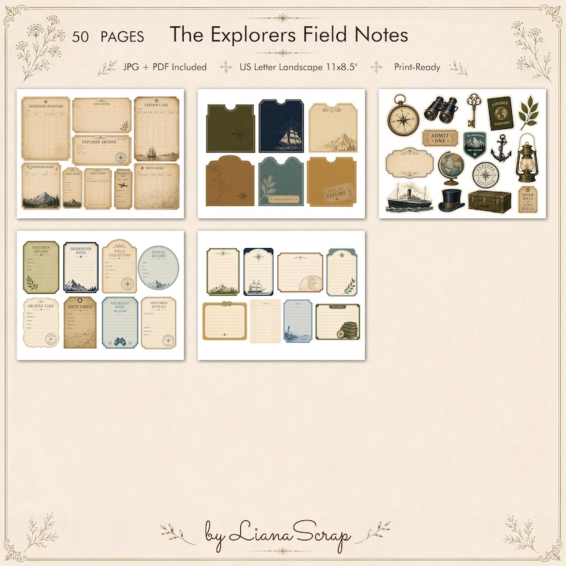 A collection of vintage adventure-themed junk journal elements including aged paper pages, decorative pockets, labels, and ephemera featuring maps, compasses, binoculars, and nautical illustrations in earthy tones.