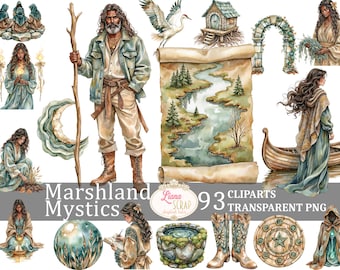May include: Watercolor clipart set titled "Marshland Mystics" featuring 93 transparent PNG images. The collection includes illustrations of a man with a staff, women in flowing robes, a scroll map, a boat, and other mystical elements.