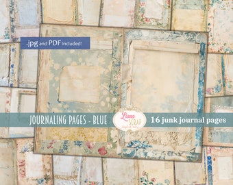 Blue Floral Junk Journal Pages, Collage Background (PDF)