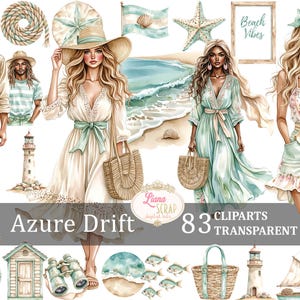 Ensemble de cliparts côtiers Azure Drift 83, graphiques PNG Beachy, autocollants numériques d'été, fond Transparent, graphiques océan pour les planificateurs