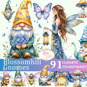 Blossomhill Gnomes 91 Clipart Set - Aquarelles, gnomes, fées, fleurs et animaux - Art numérique, Planner Stickers, PNG transparent