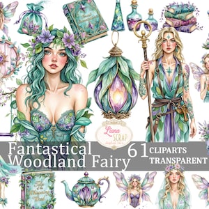Clipart fantastique fée des bois - 61 images PNG numériques pour agendas, scrapbooking, art féerique, forêt magique, conte de fées fantastique