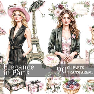 Ensemble de 90 cliparts numériques élégance à Paris, mode parisienne, PNG Transparent, Tour Eiffel, Design floral, stickers planificateur