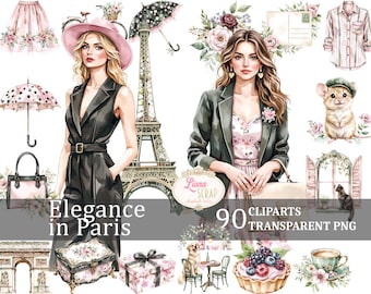 Paris Mode Clipart Set, Eiffelturm, Blumen PNG Grafiken (90 Dateien)
