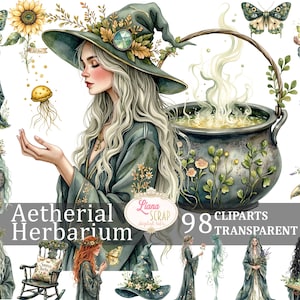 Aetherial Herbarium 98 Clipart Set - aquarel heks Botanicals digitale planner stickers transparante PNG - Fantasy Art voor scrapbooking