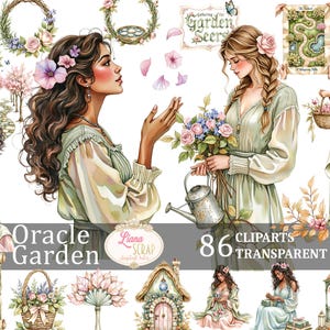 Oracle Garden 86 Images Clipart Aquarelle florale Art numérique PNG Créatures de la forêt Illustrations botaniques Planificateur Stickers Scrapbooking