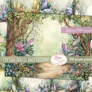 Forêt de cristal, journal numérique de déchets, collage forestier imprimable, journal numérique de déchets, papier journal nature, fond de pierres précieuses et de cristaux