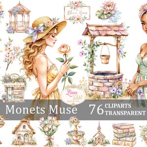 Muse di Monet 76 Clipart ad acquerello Elementi di design floreale PNG Carta digitale Adesivi per scrapbooking Planner Illustrazioni di giardini vintage