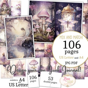 Junk Journal - Cuento de hadas púrpura - Tamaño carta de EE. UU. y A4, páginas para mezclar y combinar, papel digital del bosque mágico en PDF y JPG imprimibles